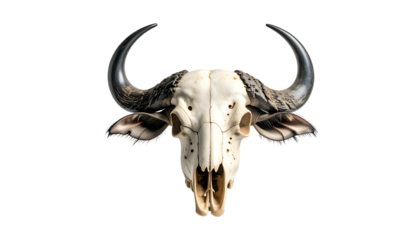 Front-facing, high-contrast studio shot of a bovine skull against a black background