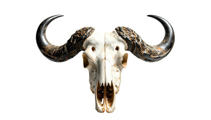 Close-up of a weathered, bleached buffalo skull with large curved horns against black