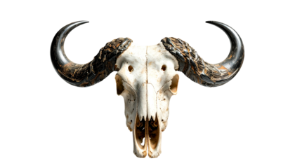 Close-up of a weathered, bleached buffalo skull with large curved horns against black