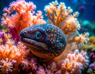 Close-up of a vibrant moray eel with spotted skin amidst colorful coral in an underwater marine ecosystem