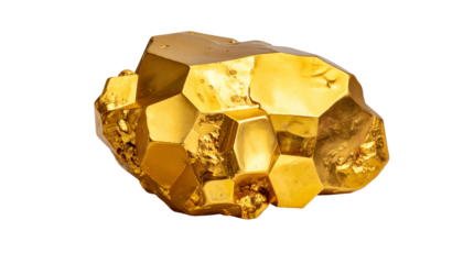 Shiny, golden mineral specimen with multifaceted surfaces, isolated on a black background