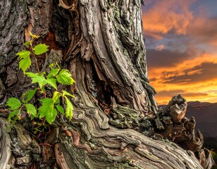 Close-up of a gnarled tree trunk with a small vine sprouting fresh green leaves against a vibrant sunset sky