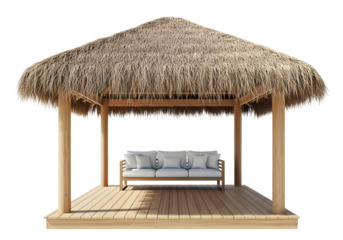 Outdoor patio gazebo with thatched roof and sofa set isolated on transparent background