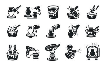 Fototapeta premium Pottery creation process icon set featuring tools and techniques