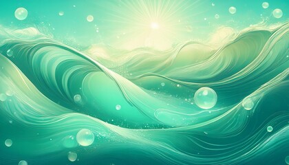 trendy summer nature banner featuring sunlit water waves with mint aqua texture and bubbles
