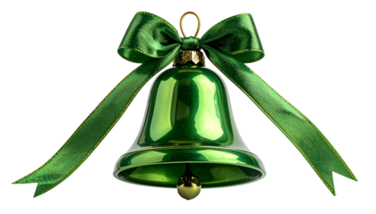 Shiny green bell with matching ribbon and gold accents on a black background