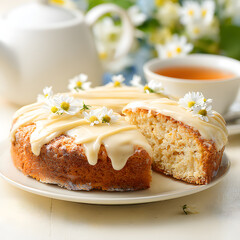 A round cake with cream and flowers on top sits on a plate. A slice has been cut out. A cup of tea and a teapot are beside the cake on a table.