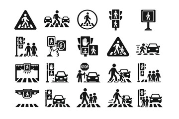 Fototapeta premium Traffic control icons: pedestrian crossings, traffic lights, road signs collection