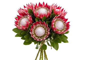 Bouquet of beautiful pink protea flowers with green leaves isolated on transparent background