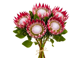 Bouquet of beautiful pink protea flowers with green leaves isolated on transparent background