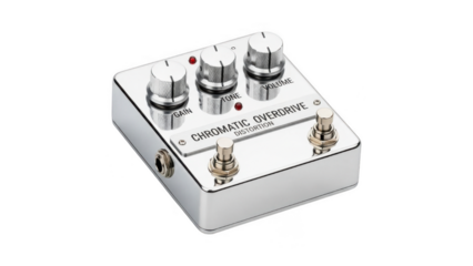 Dumont electric tremboost guitar effects pedal with silver metallic finish isolated on transparent background