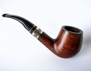 vintage style tobacco smoking pipe with carved wooden bowl and curved black stem on white background for editorial lifestyle photography collectible accessories and artisanal design themed visuals