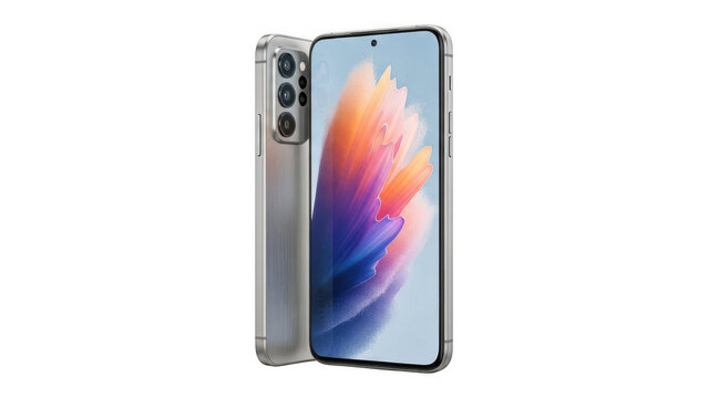 Smartphone with colorful screen and clear case isolated on transparent background