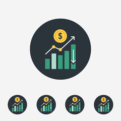 Modern financial growth app icon featuring a rising bar chart with an upward trend line and a dollar coin above it