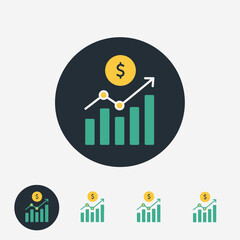 Modern financial growth app icon featuring a rising bar chart with an upward trend line and a dollar coin above it