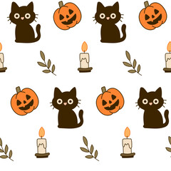 Cute seamless pattern with black cat, candle and pumpkin. Halloween seamless pattern.