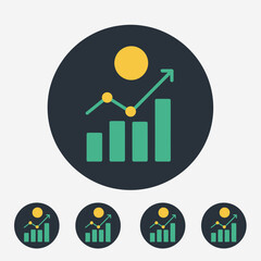 Modern financial growth app icon featuring a rising bar chart with an upward trend line and a dollar coin above it