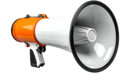 Close-up of a modern megaphone in white, orange, and black, angled right, isolated