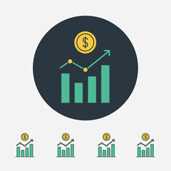 Modern financial growth app icon featuring a rising bar chart with an upward trend line and a dollar coin above it