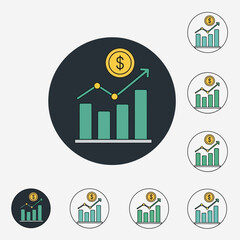 Modern financial growth app icon featuring a rising bar chart with an upward trend line and a dollar coin above it