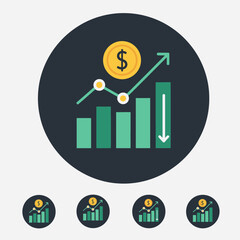 Modern financial growth app icon featuring a rising bar chart with an upward trend line and a dollar coin above it