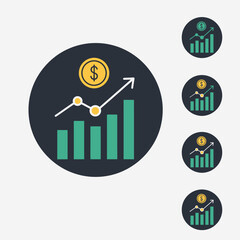 Modern financial growth app icon featuring a rising bar chart with an upward trend line and a dollar coin above it