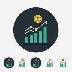 Modern financial growth app icon featuring a rising bar chart with an upward trend line and a dollar coin above it