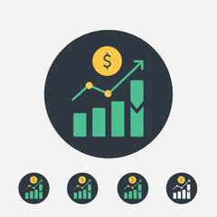 Modern financial growth app icon featuring a rising bar chart with an upward trend line and a dollar coin above it
