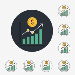 Modern financial growth app icon featuring a rising bar chart with an upward trend line and a dollar coin above it