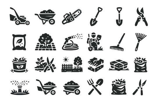 Collection of gardening tools silhouettes for landscaping and lawn care