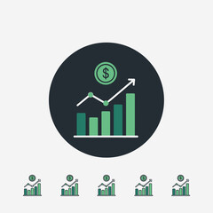 Modern financial growth app icon featuring a rising bar chart with an upward trend line and a dollar coin above it