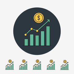 Modern financial growth app icon featuring a rising bar chart with an upward trend line and a dollar coin above it