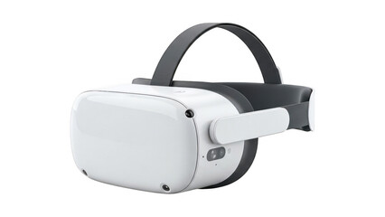 White virtual reality headset with black strap and controllers isolated on transparent background