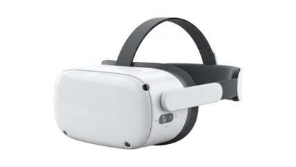 White virtual reality headset with black strap and controllers isolated on transparent background