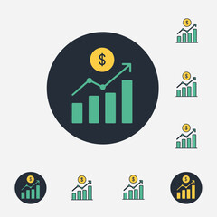 Modern financial growth app icon featuring a rising bar chart with an upward trend line and a dollar coin above it