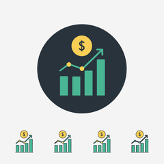 Modern financial growth app icon featuring a rising bar chart with an upward trend line and a dollar coin above it