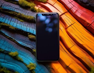 a black smartphone rests on a textured backdrop of vibrant colors symbolizing the fusion of technology with nature