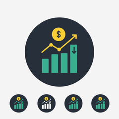 Modern financial growth app icon featuring a rising bar chart with an upward trend line and a dollar coin above it