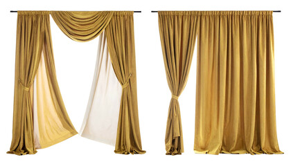 Two sets of golden drapes, one with sheer layer, arranged for aesthetic presentation