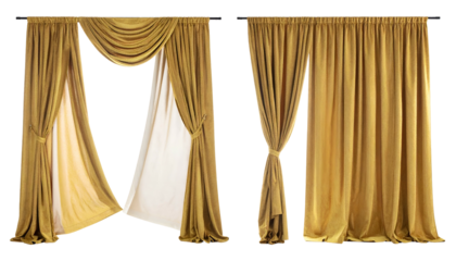 Two sets of golden drapes, one with sheer layer, arranged for aesthetic presentation