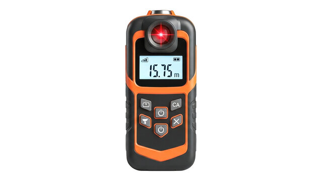 A handheld device with a digital display and buttons on a transparent background