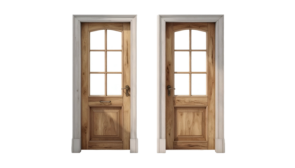Two identical wooden doors with glass panels, white trim, and gold handles against black