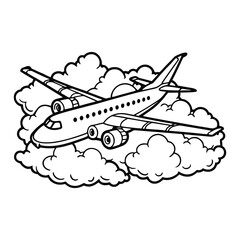 Airplane silhouette flying over clouds