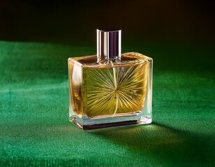 a bottle of perfume on a green canvas