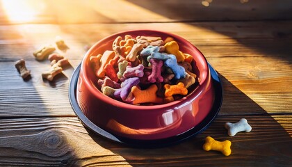 a bowl of colorful pet treats sits on a rustic wooden surface bathed in warm sunlight streaming through a nearby window