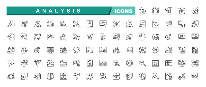 Data analytics icon set with editable stroke. Data analysis thin line icon collection. Process automation, data recognition and analysis. AI, generative AI, virtual assistant, robotic, brain