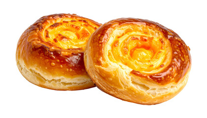 Fototapeta premium Two golden, spiral pastries with a creamy filling, isolated on black background