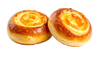 Fototapeta premium Two golden, swirled pastries with a creamy filling, isolated on black