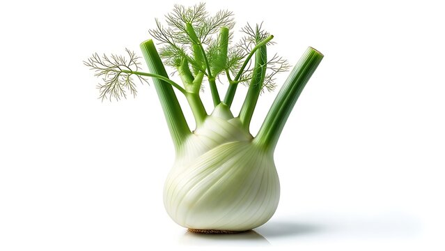 A bulbous, white-green vegetable with stalks and feathery leaves, isolated against a white background. Close-up photo highlights texture