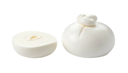 Fresh burrata cheese, whole and halved, revealing creamy interior, against black